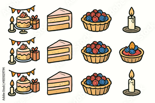 Setup berry cake slice festive icon candle dessert vector tart icons bakery