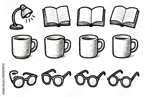 Icons light book vector icon creative modern spectacles rough evening cup desk