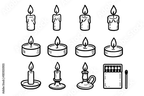 Small wax vector lights set outline tealight rough matchbox candle icon holder