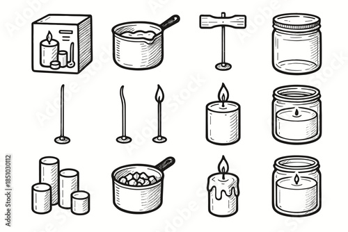 Candle icons making handmade jar wax vector wick icon kit handdrawn pot