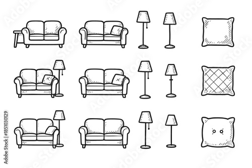Icons comfy seating lamp minimal cushion icon area sofa drawing cozy vector