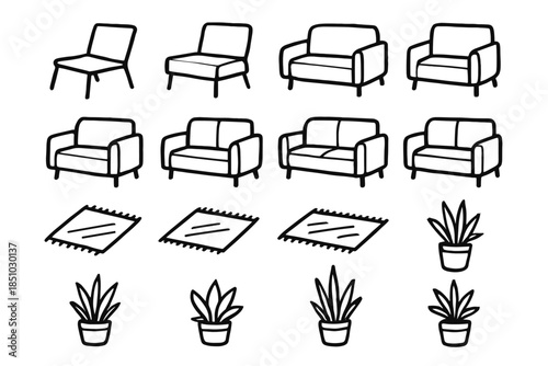 Pencil plant ink rug vector icons cozy lounge sofa minimalist icon potted