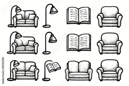 Seat soft zone book cozy open sofa vector lamp doodle icon reading