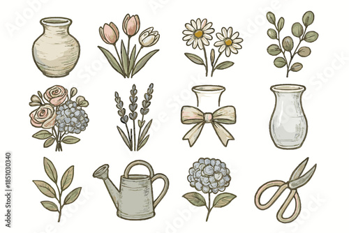 Tie stems vector vase scissors floral bouquet daisies sprig icon
