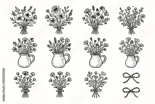 Vase vector rustic wildflowers ceramic floral tie icon jug rope outline bouquet