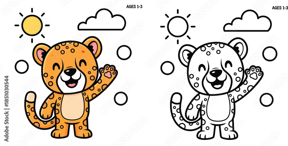 Obraz premium Cute Cartoon Cheetah Cub Waving Paw with Sun and Cloud Background