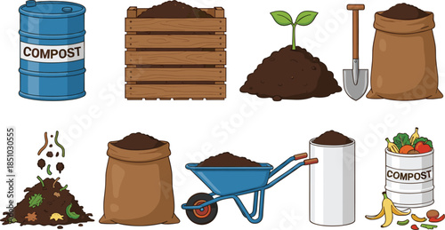 Organic composting vector set featuring waste bins wooden crates soil bags wheelbarrow and garden tools for sustainable recycling and eco friendly gardening designs.
