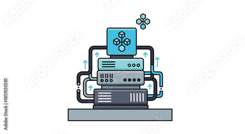 Digital Data Infrastructure: Server Stack with Routers, Network Connections & Information Flow Concept Illustration