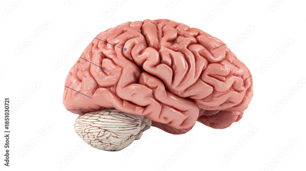 Fototapeta premium Highly detailed 3d rendering of a human brain, highlighting the intricate folds and structures of the cerebrum, cerebellum, and brain stem against a transparent background