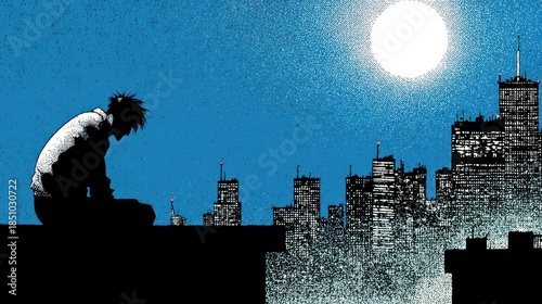 Wallpaper Mural Melancholy figure contemplating cityscape at night. Torontodigital.ca