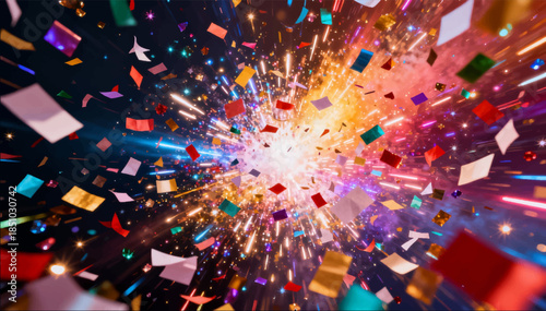 The confetti explosion with a bright flash of paper and sequins scattering in space is festive, dynamic and visually intense. Suitable for victory scenes, marketing and celebrations. Vector. EPS_02.