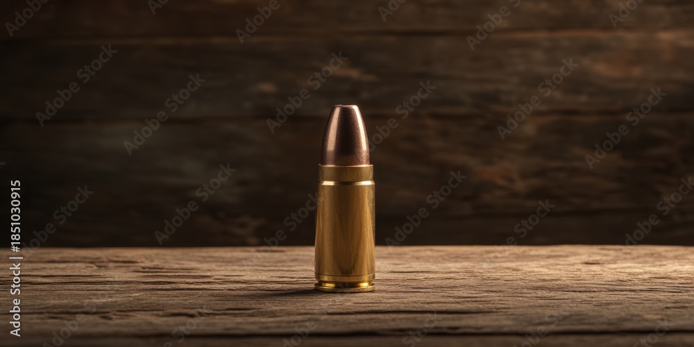 Bullet cartridge on rustic wooden table with dramatic lighting for thematic design