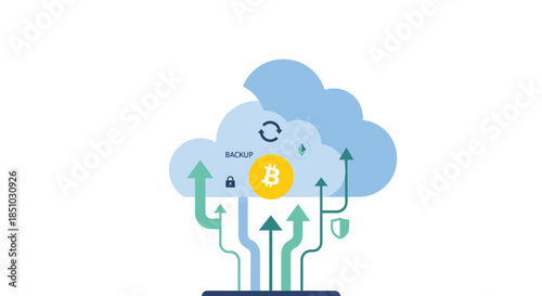 Secure Cloud Computing Concept for Digital Data Backup and Cryptocurrency Management, Featuring Sync and Protection Icons