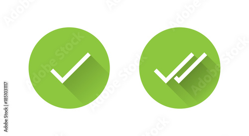 Check mark and two checkmark icon with long shadow. Single and double tick status symbol. Sent and read message sign