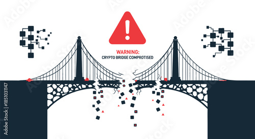 Warning of a cryptocurrency bridge security compromise. Vector illustration shows a broken digital connection with an alert sign, symbolizing network vulnerabilities and blockchain risks