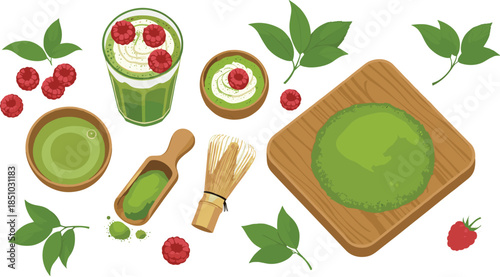 Premium matcha green tea vector set featuring latte bowls bamboo whisk powder and fresh raspberries for healthy cafe menus.