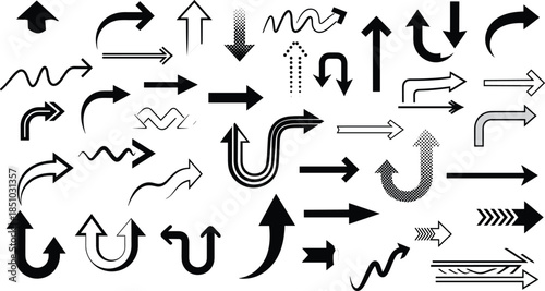 Arrow vector collection, curved, straight, zigzag, looped, U-turn, segmented, stylized, outlined, dotted, directional icons for design, signage, UI