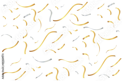 Realistic gold and silver confetti or streamers falling on a white background