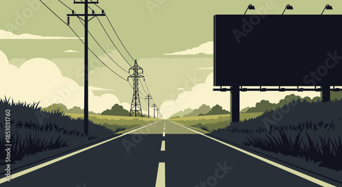 An empty, straight road extends into the distance, flanked by power lines, utility poles, and a large blank billboard, symbolizing journey and infrastructure.