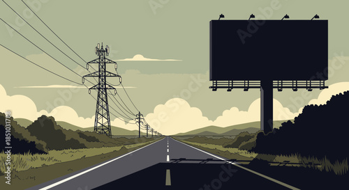 A long, straight highway stretches towards the distant horizon, featuring imposing electricity pylons and a large, dark billboard under a cloudy sky.