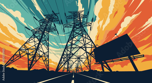 A vibrant graphic illustration features towering electricity pylons stretching along an open road beneath a dramatically colorful, stylized sky, symbolizing modern infrastructure.