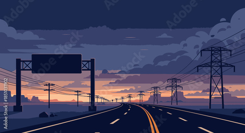 A long, empty highway stretches towards a vibrant sunset, flanked by towering power lines and utility poles under a dramatic, cloud-filled sky.