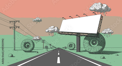 An imaginative illustration presents a desolate highway leading to a prominent blank billboard, flanked by peculiar eye-shaped objects and textured clouds.