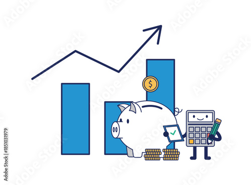 Cute piggy bank and calculator character with financial growth chart. Vector illustration for tax, savings and investment concept. Business success and wealth management icon.