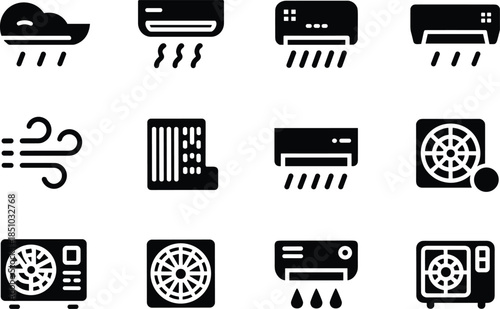 Air Conditioning Icons Set Vector Illustration: Climate Control, HVAC Systems, Weather Symbols, Cooling and Heating Equipment, Ventilation Devices, Fan Units, Outdoor Condenser, Indoor Unit,Rain Clou