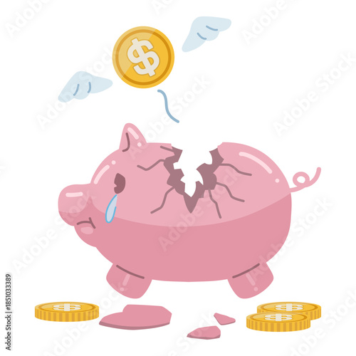 割れた豚の貯金箱と、＄マークが書かれたコインのイラスト