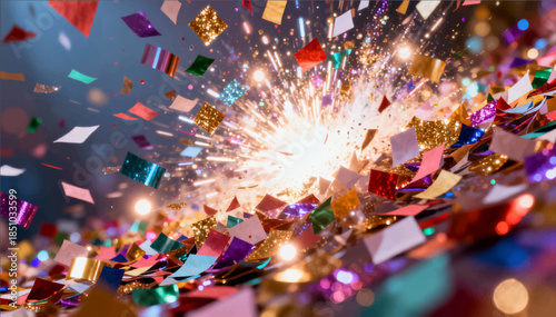 The confetti explosion with a bright flash of paper and sequins scattering in space is festive, dynamic and visually intense. Suitable for victory scenes, marketing and celebrations. Vector. EPS_03.