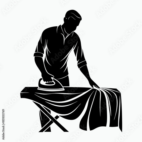 Man ironing a shirt silhouette at an ironing board on white background