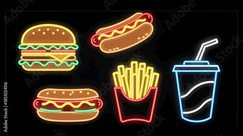 Neon glowing fast food items including burgers, hot dog, fries, and soda on a black background, representing a retro diner or takeaway sign.