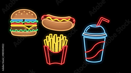 Neon glowing fast food icons on a black background, featuring a hamburger, hot dog, french fries, and a soda cup.
