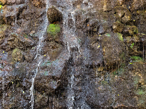Full-Frame Textured Close-Up of a Dark, Mossy Rock Face with Fine Streams of Dripping Water
