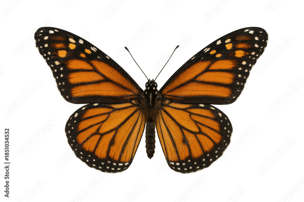 Fototapeta premium Monarch butterfly in flight showing vibrant orange wings and intricate patterns on a transparent background