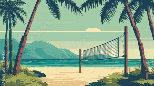Wallpaper Mural Beach volleyball scene with palm trees and ocean. Torontodigital.ca