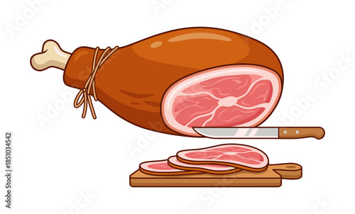 Slicing cured ham leg on wooden board