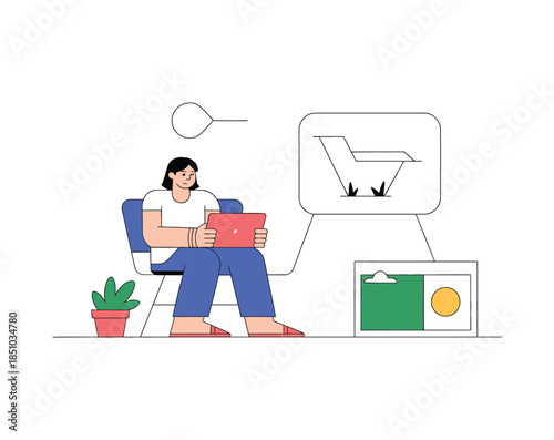 Online Furniture Shopping Illustration – Woman Using Tablet to Buy Chair Vector

