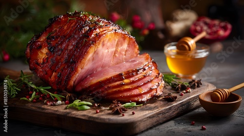 Glazed spiral cut ham with honey and herbs on a wooden board for holiday feast