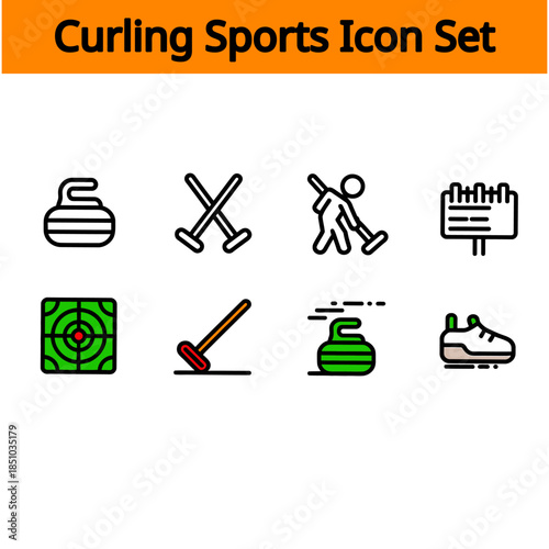 Curling Sports Line Icon Set with Equipment, Players and Winter Game Symbols