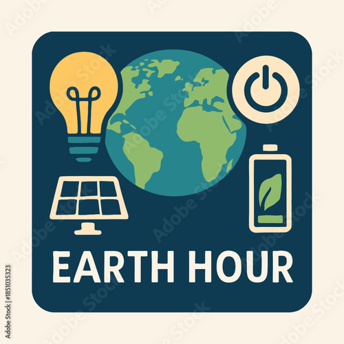 Square Earth Hour Icon Showing Lights Off Energy Saving Conservation Minimal Flat Modern Illustration