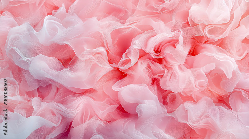 Obraz premium Ethereal Flowing Pink and White Fabric Texture Background: Soft Dreamy Pastel Ruffles and Delicate Layers of Sheer Material, Abstract Wavy Pattern for Gentle Elegance