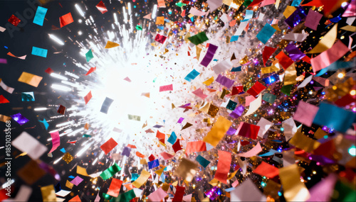The confetti explosion with a bright flash of paper and sequins scattering in space is festive, dynamic and visually intense. Suitable for victory scenes, marketing and celebrations. Vector. EPS_04.