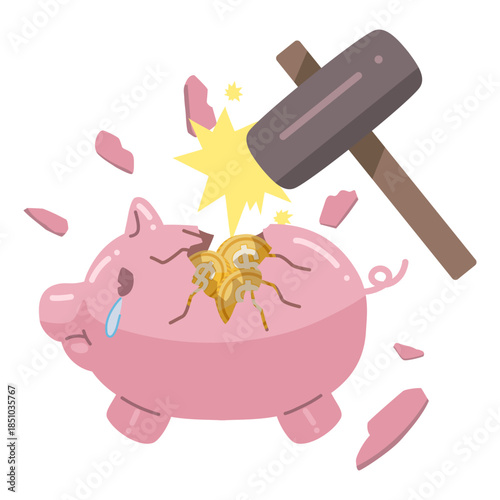  ＄マークが書かれたコインが入っている豚の貯金箱が、ハンマーで壊されているイラスト