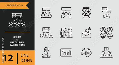Essential line icons for online and multiplayer gaming platforms and communities