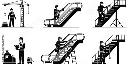 Set of Black Worker Pictograms, Engineers and Construction Workers Performing Inspection and Maintenance on Crane, Escalator, and Staircase, Industry Safety Vector Icons Isolated on White.