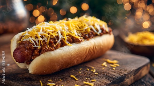 Delicious chili cheese hot dog with shredded cheddar and Monterey Jack on a bun