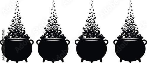 Set of boiling cauldron silhouettes with rising bubbles, magical potion designs, black vector illustration elements for Halloween, fantasy and witch themes