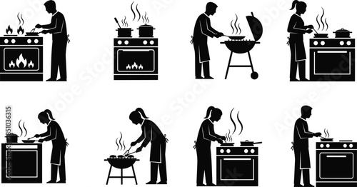 Set of chef silhouettes cooking food on kitchen stove and barbecue grill wearing aprons isolated on white background flat vector illustration.
